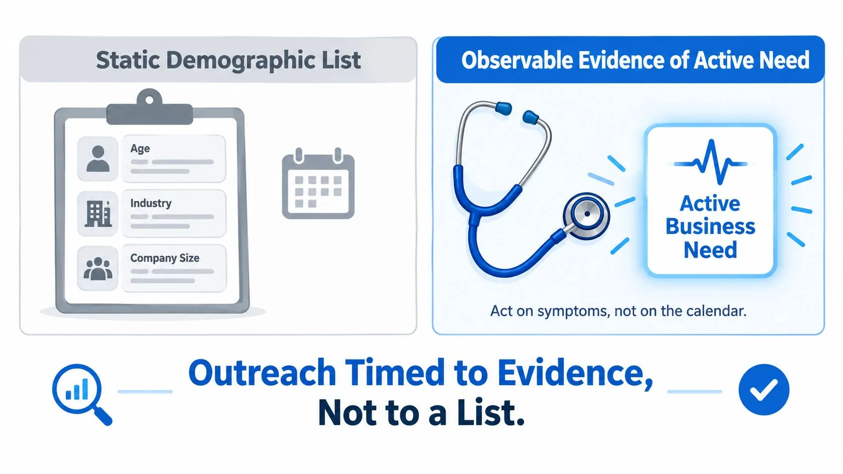 A comparison showing static demographic lists versus monitoring observable evidence of active business needs for outreach.