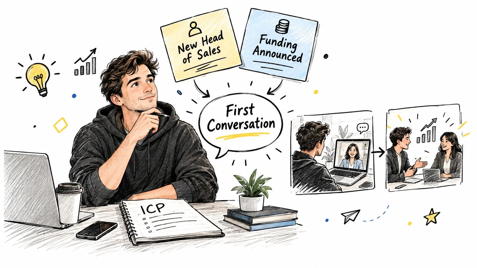 A professional illustration showing a man brainstorming sales strategy using intent based marketing research and virtual meetings.